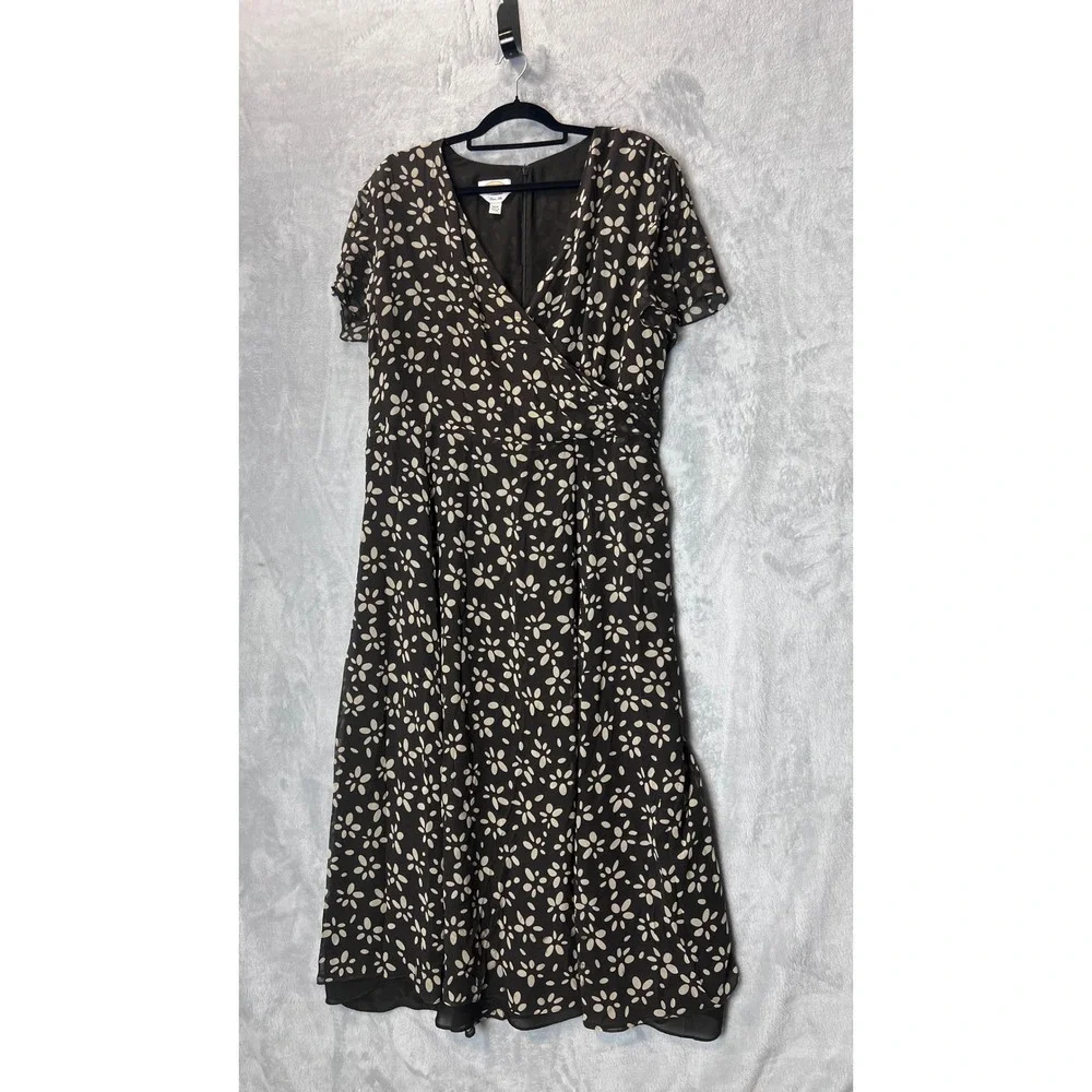 Talbots Dress Woman 20W Pure Silk Floral Midi   V-Neck Short Sleeve Brown
